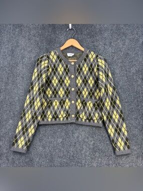 Willow & Wind Gray & Yellow Argyle Cardigan Sweater Women’s XS Preppy Academia